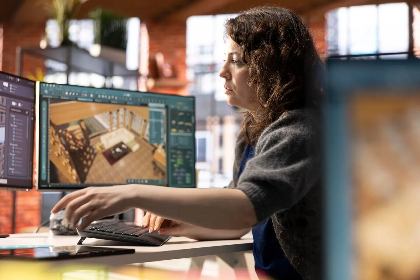 В современном офисе женщина делает 3D-визуализацию интерьера квартиры.