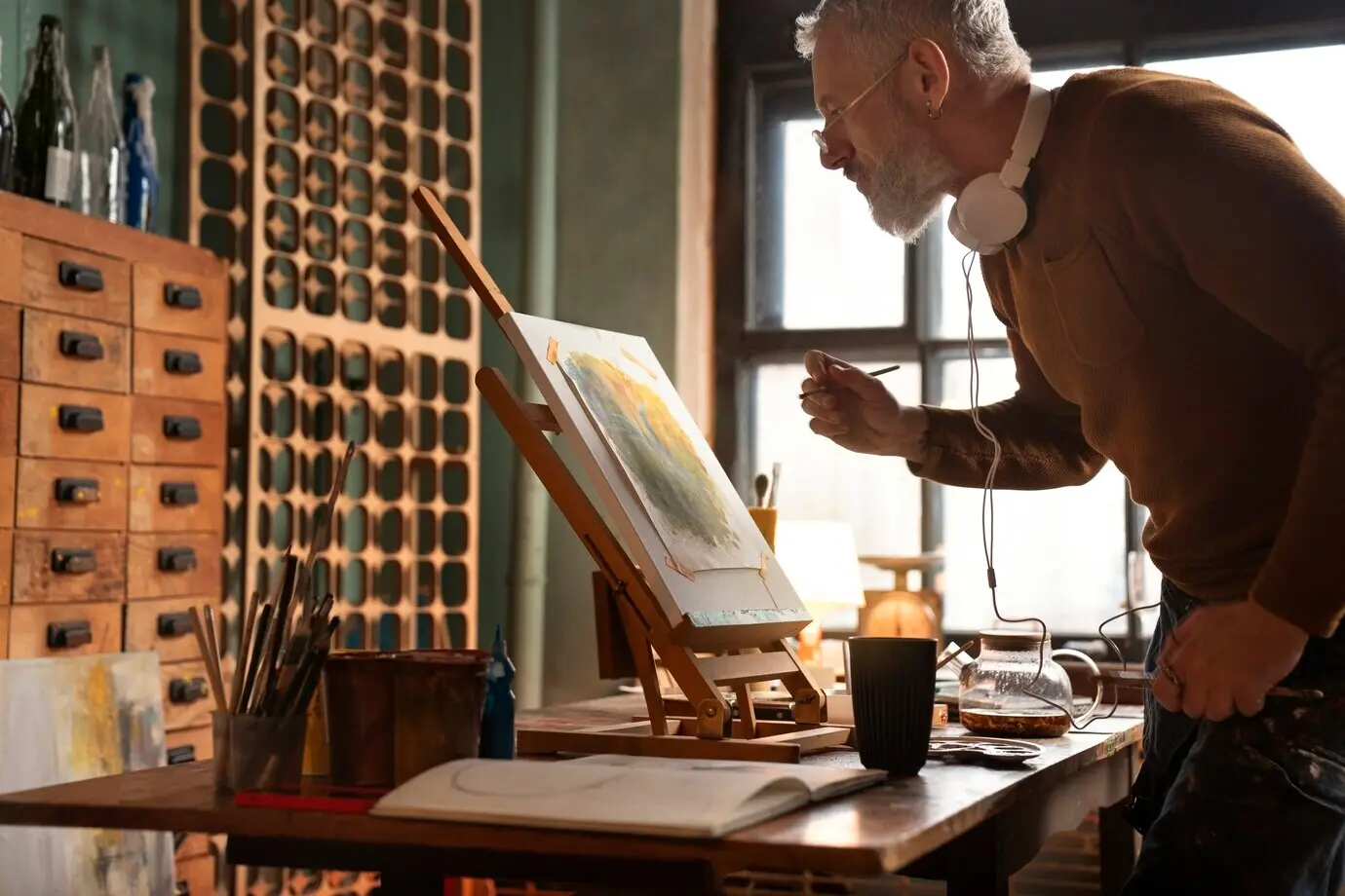 Пожилой художник в помещении, средний план.